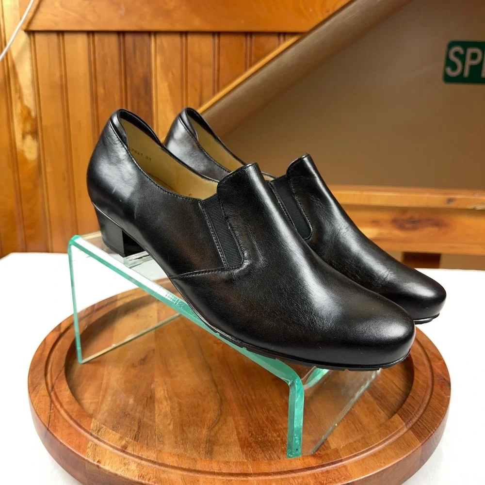 Ara Women Black Leather Slip On Block Heel Pumps Shoes Size 11 Wide (8.5 H)